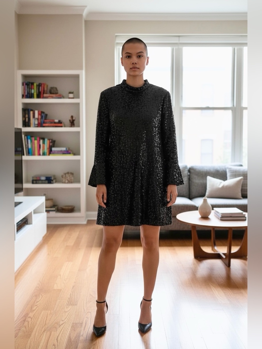 Ann Taylor Black Sequin Long-Sleeve Swing Dress